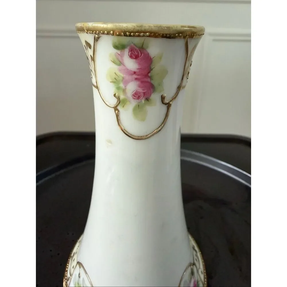 Vintage Hand Painted Nippon Gold Gilt Hat Pin Holder Bud Vase 4.75”